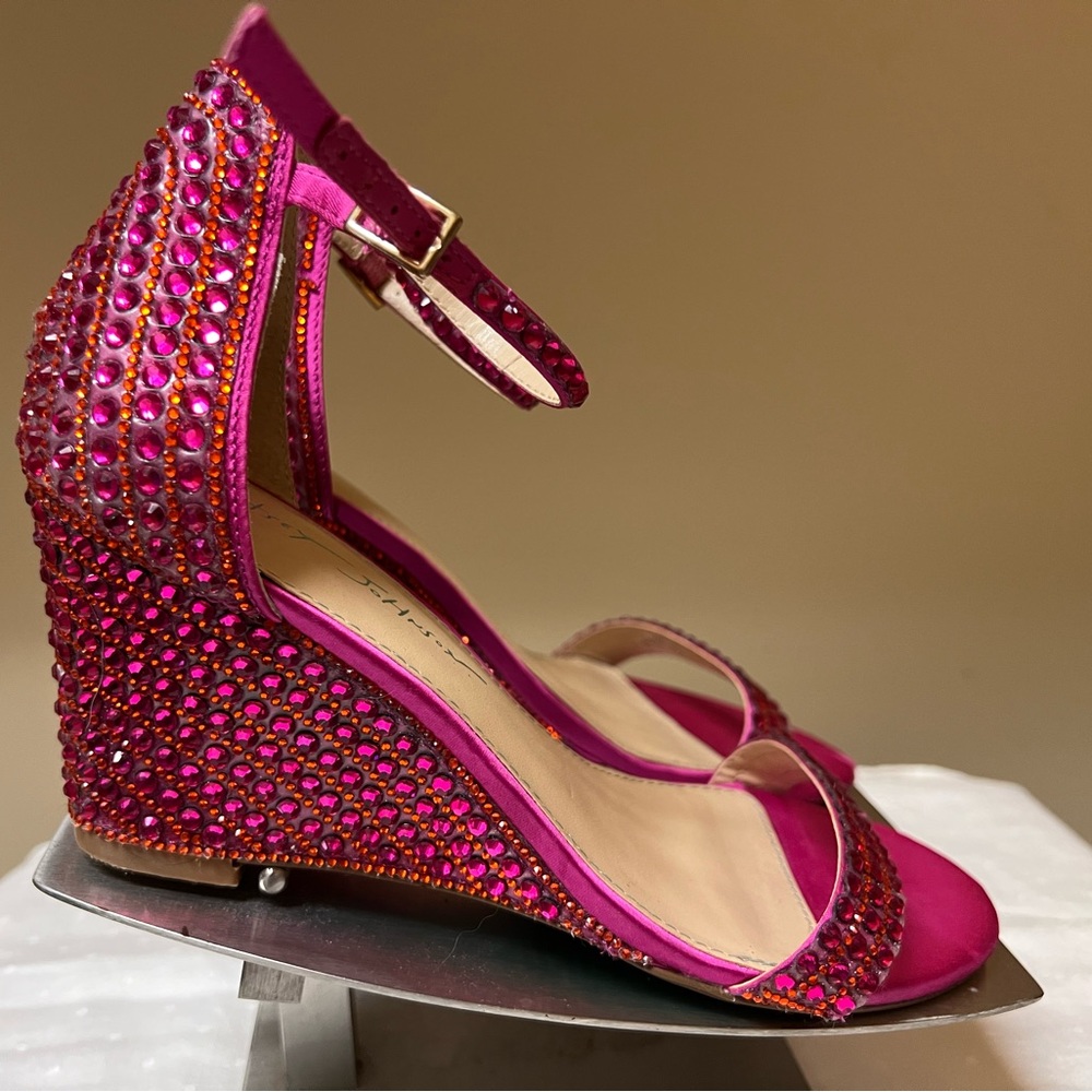 Betsey Johnson Fuchsia Pink Rhinestone Wedge Ankle Strap Sandals Size 9M